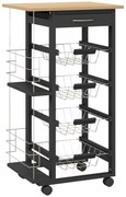 HOMCOM Carrinho de Cozinha com Rodas Carrinho Auxiliar com Gaveta 4 Cestas Amovíveis de Metal e Prateleiras Laterais 47x37x83 cm Preto e Madeira | Aosom Portugal