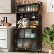 Armário de cozinha de 5 níveis com prateleira para micro-ondas com portas Armário de despensa com rodas preto