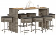 vidaXL 9 pcs conjunto de bar p/ jardim c/ almofadões vime PE cinzento