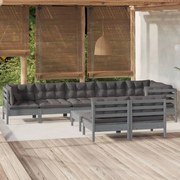 9 pcs conjunto lounge de jardim + almofadões pinho maciço cinza