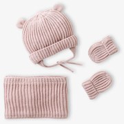 Conjunto gorro, gola snood e luvas, para bebé rosa-pálido
