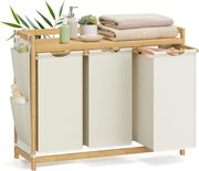 SONGMICS Cesto de roupa suja com 3 compartimentos, cesto de roupa suja, suporta até 150 L, separador de roupa suja, com prateleira, saco de roupa suja, bolsos laterais, 3 x 50 L, 94 x 33 x 78 cm, creme branco RLH115W01