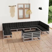 12pcs conjunto lounge de jardim + almofadões pinho maciço cinza