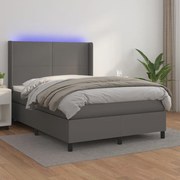 Cama box spring c/ colchão/LED 140x190cm couro artificial cinza