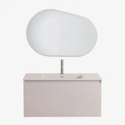 Conjunto De Móvel De Casa De Banho Suspenso Em Madeira Com Lavatório Integrado Macrae Crema Linho & Oval Led E Anti-embaciamento 100x80 Cm - Sklum