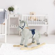 Baloiço Infantil de Cavalo para Crianças acima de 3 Anos Baloiço de Pelúcia com Sons de Relinchos e Galopes e Base de Madeira 73x35x64cm Azul e Cinza