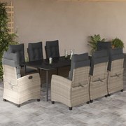 vidaXL 9 pcs conjunto de jantar p/ jardim c/ almofadões cinzento claro