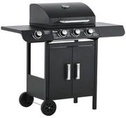 Outsunny Barbecue a Gás com 3+1 Queimadores 11,6 kW 2 Mesas Laterais Armário de 2 Portas Termômetro e 2 Rodas 110x50x100cm Preto | Aosom Portugal