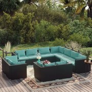 12 pcs conjunto lounge de jardim c/ almofadões vime PE preto