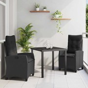 vidaXL Conjunto de Jantar de Jardim 3 Peças com Almofadas - Rattan Sintético Preto.