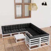 9 pcs conj. lounge de jardim c/ almofadões pinho maciço branco