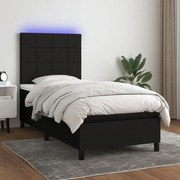 Cama box spring c/ colchão e LED 100x200 cm tecido preto