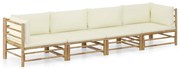 vidaXL 4 pcs conj. lounge p/ jardim em bambu c/ almofadões branco nata