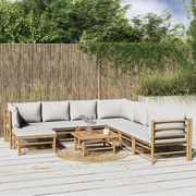 9 pcs conj. lounge de jardim bambu c/ almofadões cinzento-claro