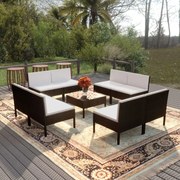 vidaXL 9 pcs conjunto lounge de jardim c/ almofadões vime PE preto