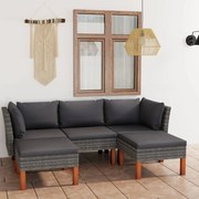 5 pcs conjunto lounge de jardim c/ almofadões vime PE cinzento