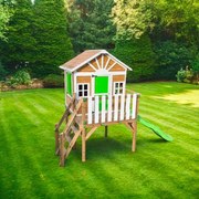 Casa de brincar para crianças com escorrega 200 cm x 3,15 x 2,58 cm de madeira em painéis VISBY elevada 90 cm Verde