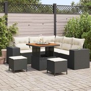 Conjunto de Sofá de Jardim vidaXL de 8 Peças com Almofadas Pretas de Rattan de Polietileno e Acácia
