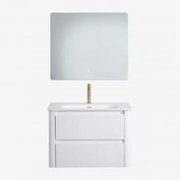 Conjunto De Móvel De Casa De Banho Suspenso 80x50 Cm Em Madeira Com Lavatório Integrado Egerton Branco & Led Retangular E Anti-embaciamento - Sklum