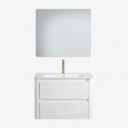 Conjunto De Móvel De Casa De Banho Suspenso Em Madeira Com Lavatório Integrado Egerton Branco & Led Retangular E Anti-embaciamento 80x70 Cm - Sklum