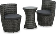 vidaXL 3 pcs conjunto bistrô com almofadões vime PE cinzento