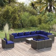 11 pcs conjunto lounge de jardim c/ almofadões vime PE cinzento