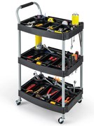 Carrinho de ferramentas de grande capacidade de 3 camadas, organizador de ferramentas com prateleiras de PP