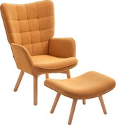HOMCOM Poltrona de destaque com otoman, poltrona relax com visual cotelê, poltrona com braços e pés em madeira, para sala de estar, castanho | Aosom Portugal