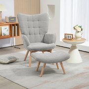 Poltrona com apoio para os pés, encosto alto, pés de madeira e tecido com efeito de veludo cotelê, para sala de estar ou quarto, cinzenta