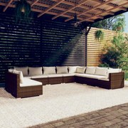 10 pcs conjunto lounge jardim c/ almofadões vime PE castanho