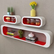 Conjunto 3 prateleiras de parede cubos MDF branco-vermelho