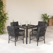 5 pcs conjunto de jantar p/ jardim c/ almofadões vime PE preto