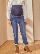 Jeans mom, faixa sem costuras, para grávida azul escuro desbotado