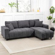 Sofá Chaise Longue Reversível 3 Lugares com 2 Almofadas Estofado em Linho e Estrutura em Aço 242x156x87 cm Cinzento Escuro