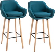 HOMCOM Bancos de Bar Design escandinavo - Conjunto de 2 bancos de bar Alto Conforto com Apoio para Pés e braços - Madeira maciça Linho azul | Aosom Portugal