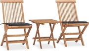 vidaXL 3 pcs conj. jantar dobrável exterior c/ almofadão teca maciça