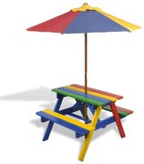 vidaXL Mesa piquenique infantil + bancos/guarda-sol madeira multicor