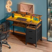 Secretária escritório com gavetas, com iluminação LED, 2 tomadas e 2 portas USB 120 x 90 x 55 Cm castanho vintage