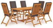 vidaXL 7 pcs conjunto jantar jardim + almofadões cinzentos teca maciça