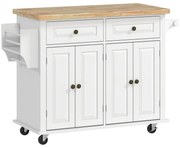 HOMCOM Ilha de Cozinha com Rodas 2 Gavetas 4 Portas Suporte para Temperos e Barra Lateral 111x44,5x82,5cm Branco e Madeira | Aosom Portugal