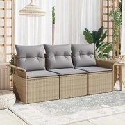 vidaXL Conjunto de Sofá de Jardim 3 Peças com Almofadas de Rattan em Poliéster Bege