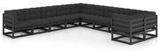 vidaXL 10 pcs conjunto longue jardim c/ almofadões pinho maciço preto