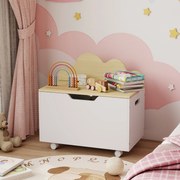 Baú de Brinquedos com Rodas com Tampa Abatível e Dobradiça de Segurança Desenho de Nuvem  59x30x53 cm Branco e Madeira
