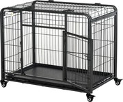 PawHut Gaiola Dobrável para Cão Caixa de Transporte com Rodízios 2 Portas Trancáveis Bandeja Amovível 94x58x69,5 cm Cinza Escuro | Aosom Portugal