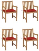 vidaXL Cadeiras de jardim c/ almofadões vermelhos 4 pcs teca maciça