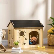 Casa de Madeira para Cães Pequenos Casa para Animais de Estimação com Porta Dianteira Desenhos em Forma de Sol Coração Pata 69x50x58,5cm Madeira e Pre