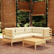 vidaXL 5 pcs conjunto lounge de jardim c/ almofadões cor creme pinho