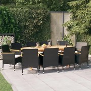 Conjunto de jantar para jardim com almofadões 11 pcs preto