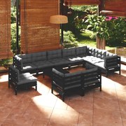 11 pcs conjunto lounge jardim c/ almofadões pinho maciço preto