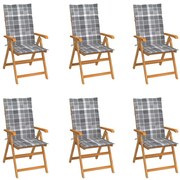 vidaXL Cadeiras jardim c/ almofadões xadrez cinzento 6 pcs teca maciça